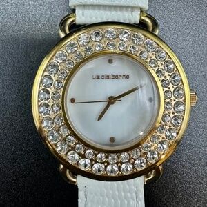 Liz Claiborne Women’s Gold-Tone Crystal Bezel Watch – Mother-of-Pearl Dial + Whi